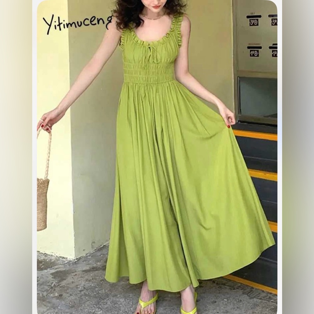Elegant Lime Green Maxi Dress with Smocked Bodice